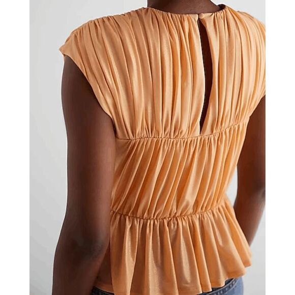 Express Peach Orange Foil Crew Neck Ruched Peplum Top Medium - Picture 7 of 8